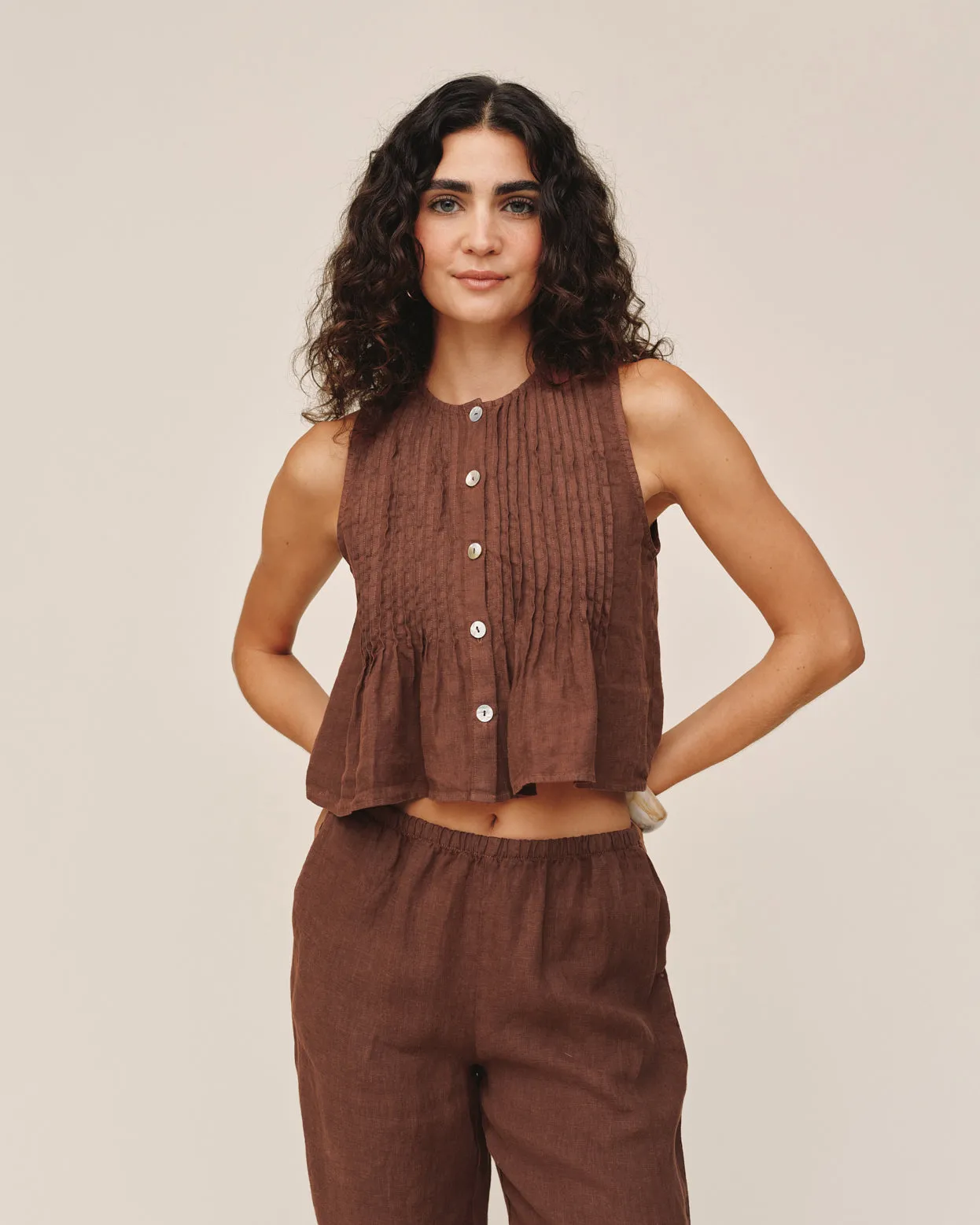 Sleeveless Pintuck Top - Sea Glass Brown sold by Bella Dahl