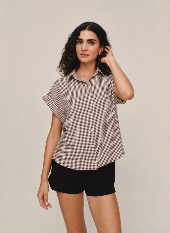 Short Roll Sleeve Shirt - Brown Micro Gingham made by Bella Dahl