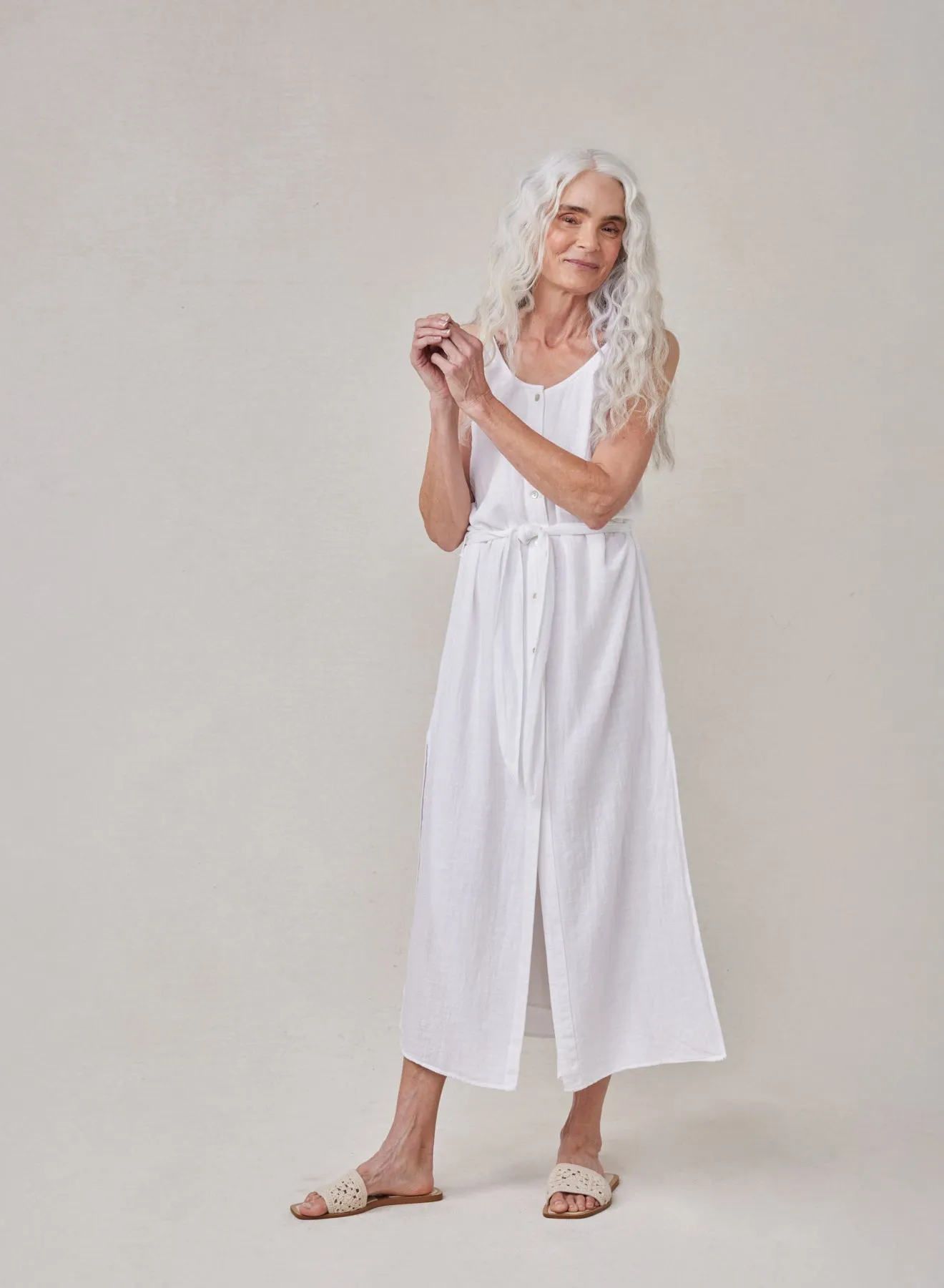 Belted Button front Sleeveless Dress- White sold by Bella Dahl product image thumbnail 4