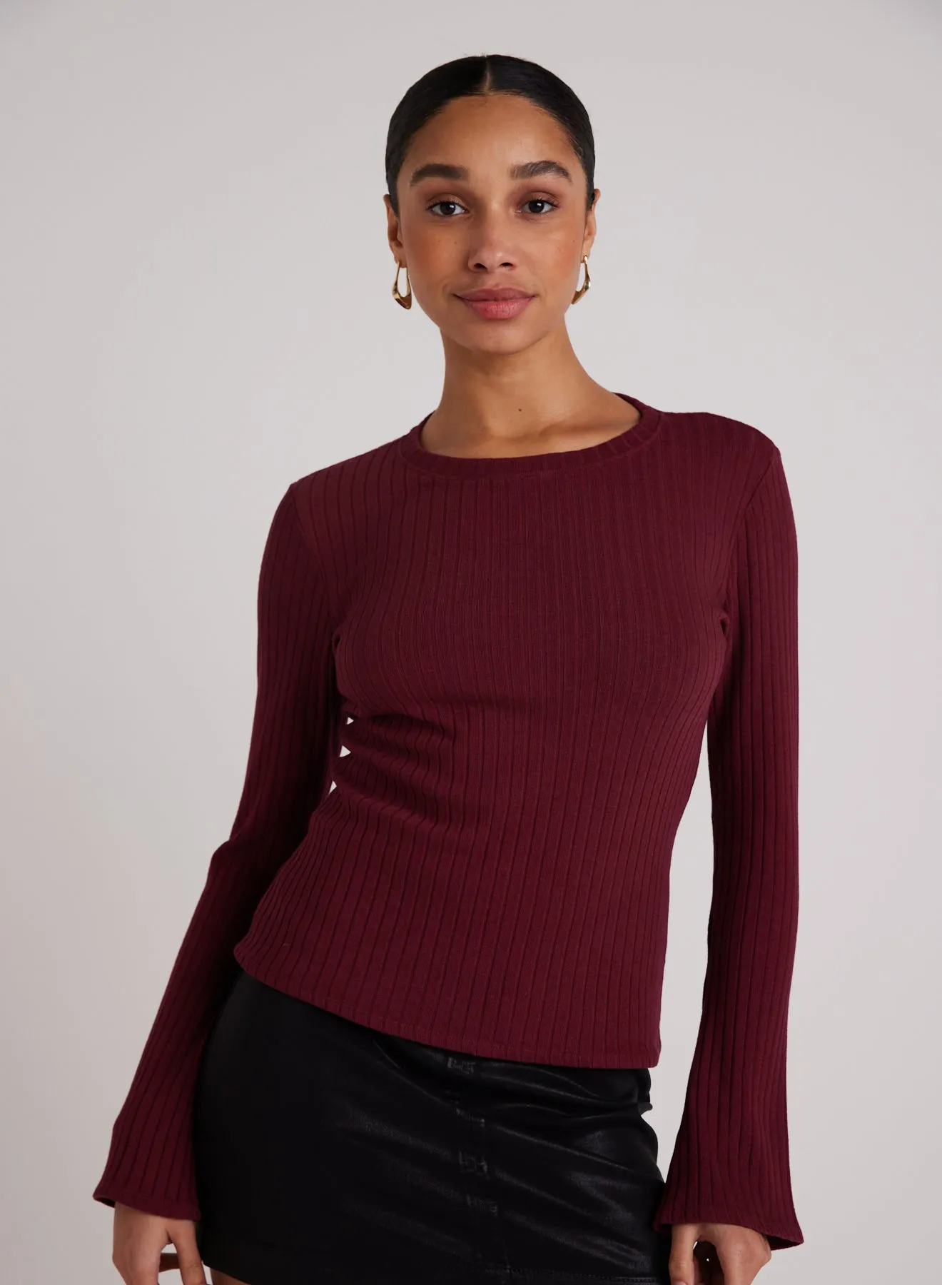 Long Bell Sleeve Rib Crew Tee - Sweet Merlot sold by Bella Dahl