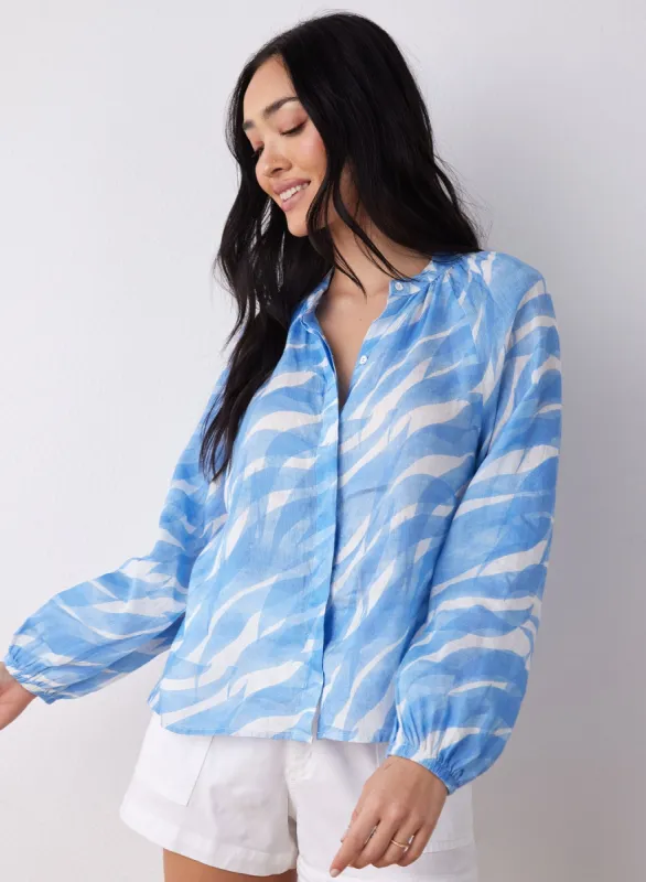 Long Sleeve Linen Shirred Raglan Shirt - Laguna Waves Print sold by Bella Dahl