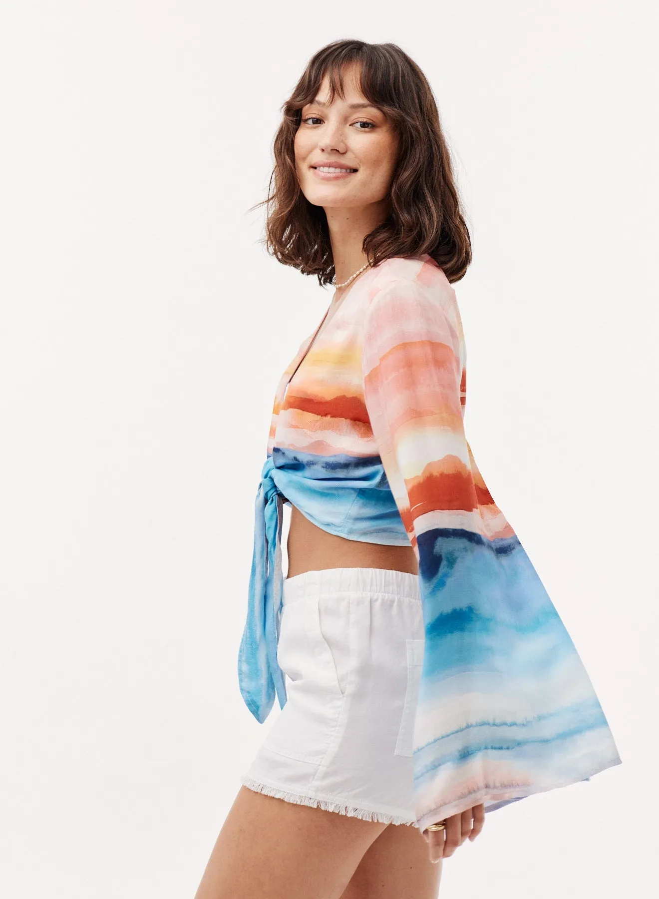 Tie Front Tie-Dye Bell Sleeve Blouse - Horizon Sunset Print sold by Bella Dahl product image thumbnail 3