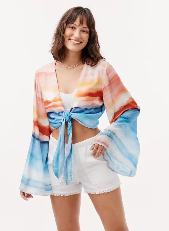 Tie Front Tie-Dye Bell Sleeve Blouse - Horizon Sunset Print sold by Bella Dahl