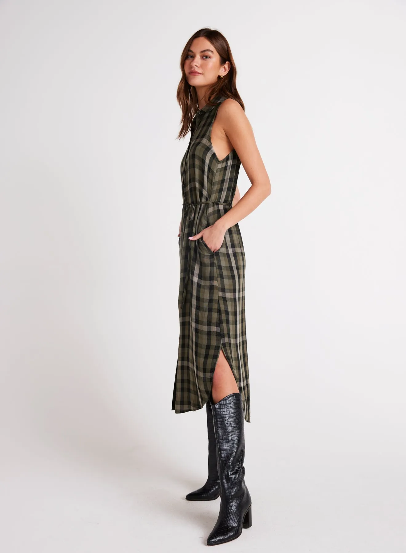Sleeveless Button Down Midi Dress - Olive Plaid sold by Bella Dahl product image thumbnail 3