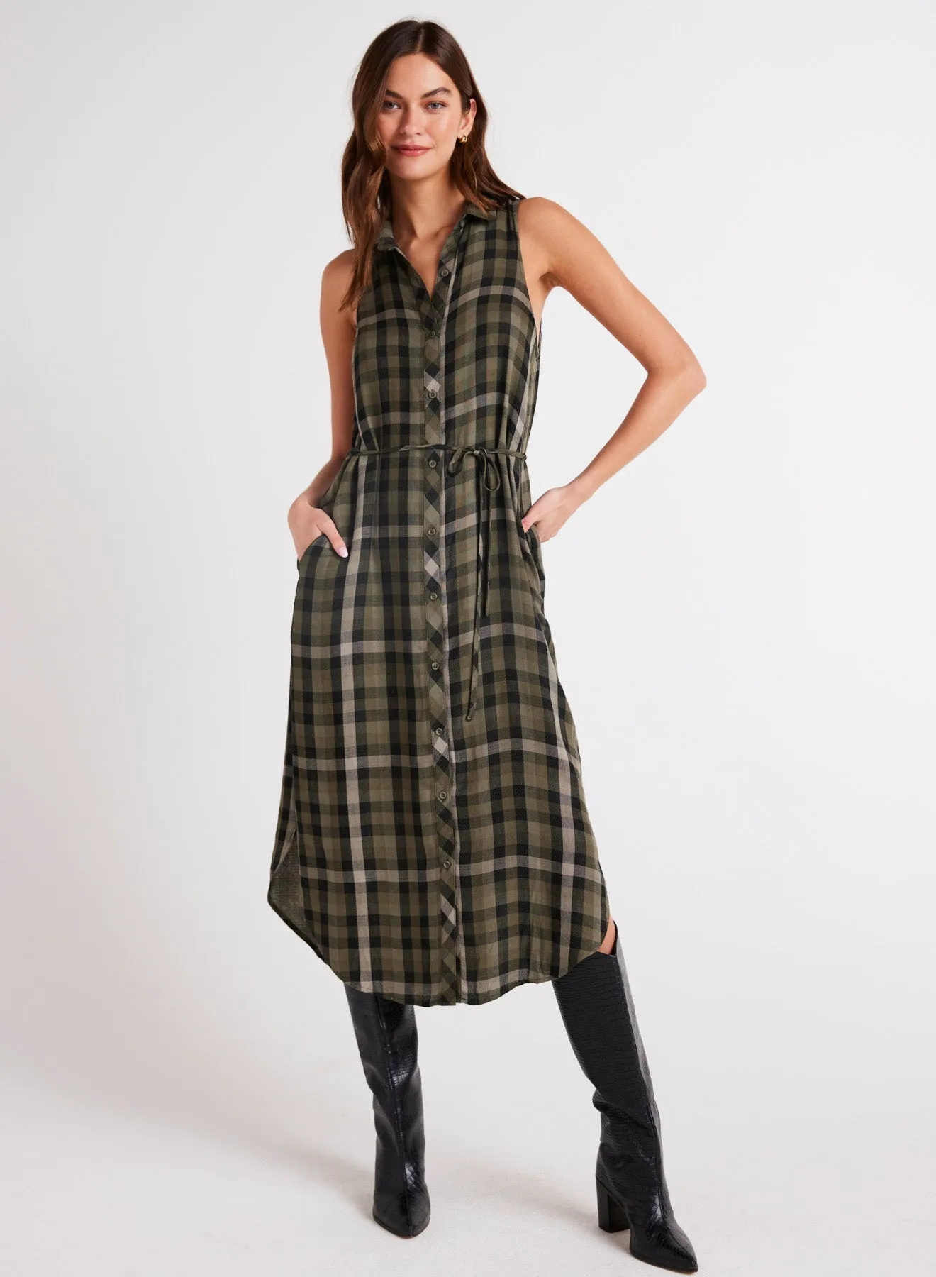 Sleeveless Button Down Midi Dress - Olive Plaid sold by Bella Dahl