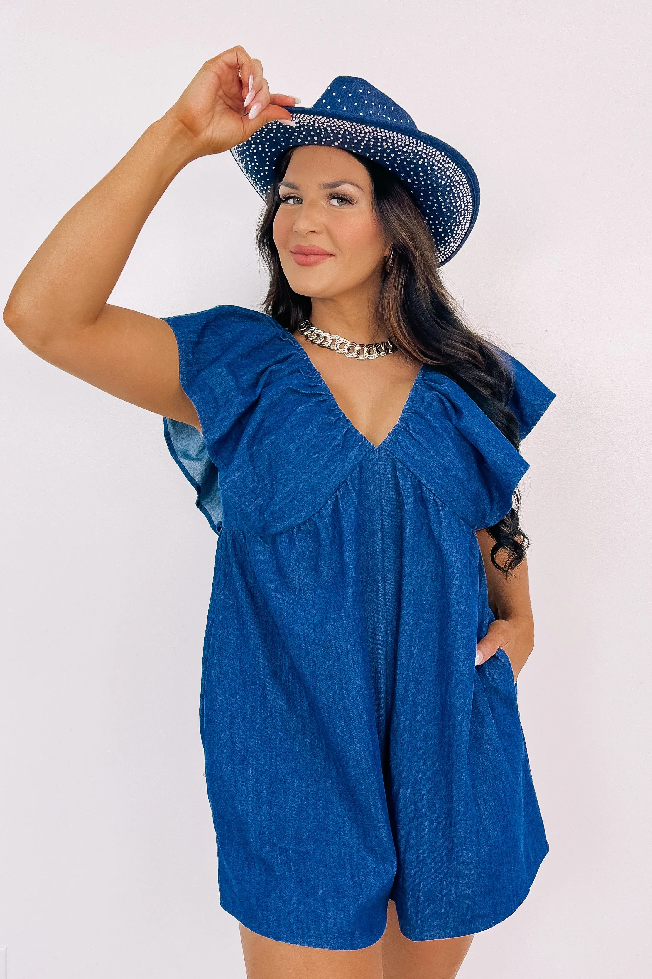 Whatever She Wants Denim Romper sold by Bella Rose boutique
