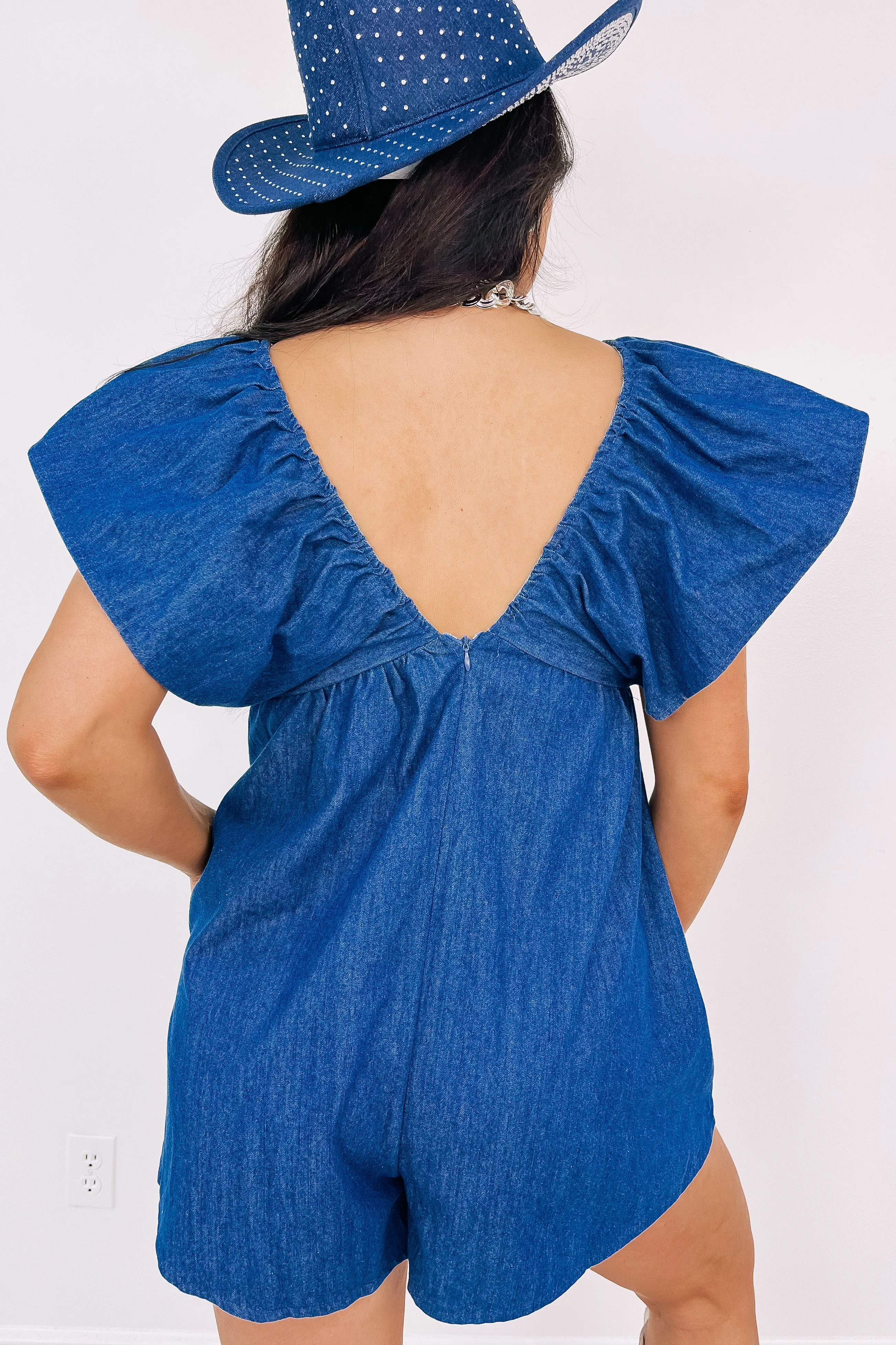Whatever She Wants Denim Romper sold by Bella Rose boutique product image thumbnail 4