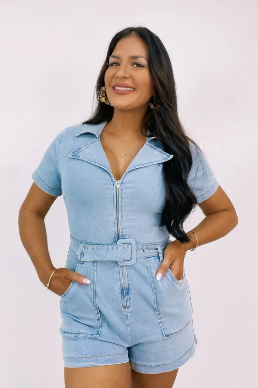 Thinkin' Bout Me Denim Romper sold by Bella Rose boutique