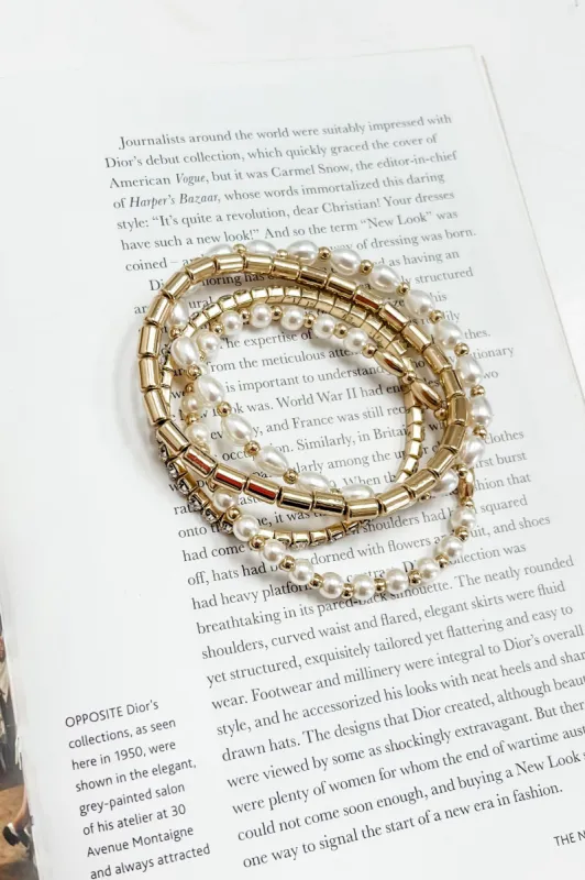 Dainty Gold Pearl Crystal Beaded Bracelet Set sold by Bella Rose boutique