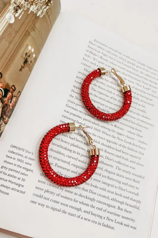 Red Crystal Rhinestone Embellished Hoop Earrings sold by Bella Rose boutique