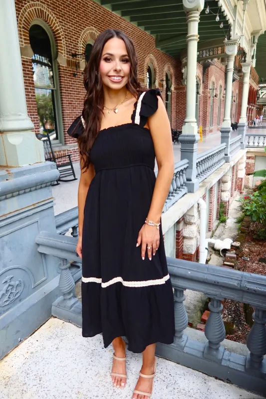 Blowing Kisses Ruffle Midi Dress sold by Bella Rose boutique