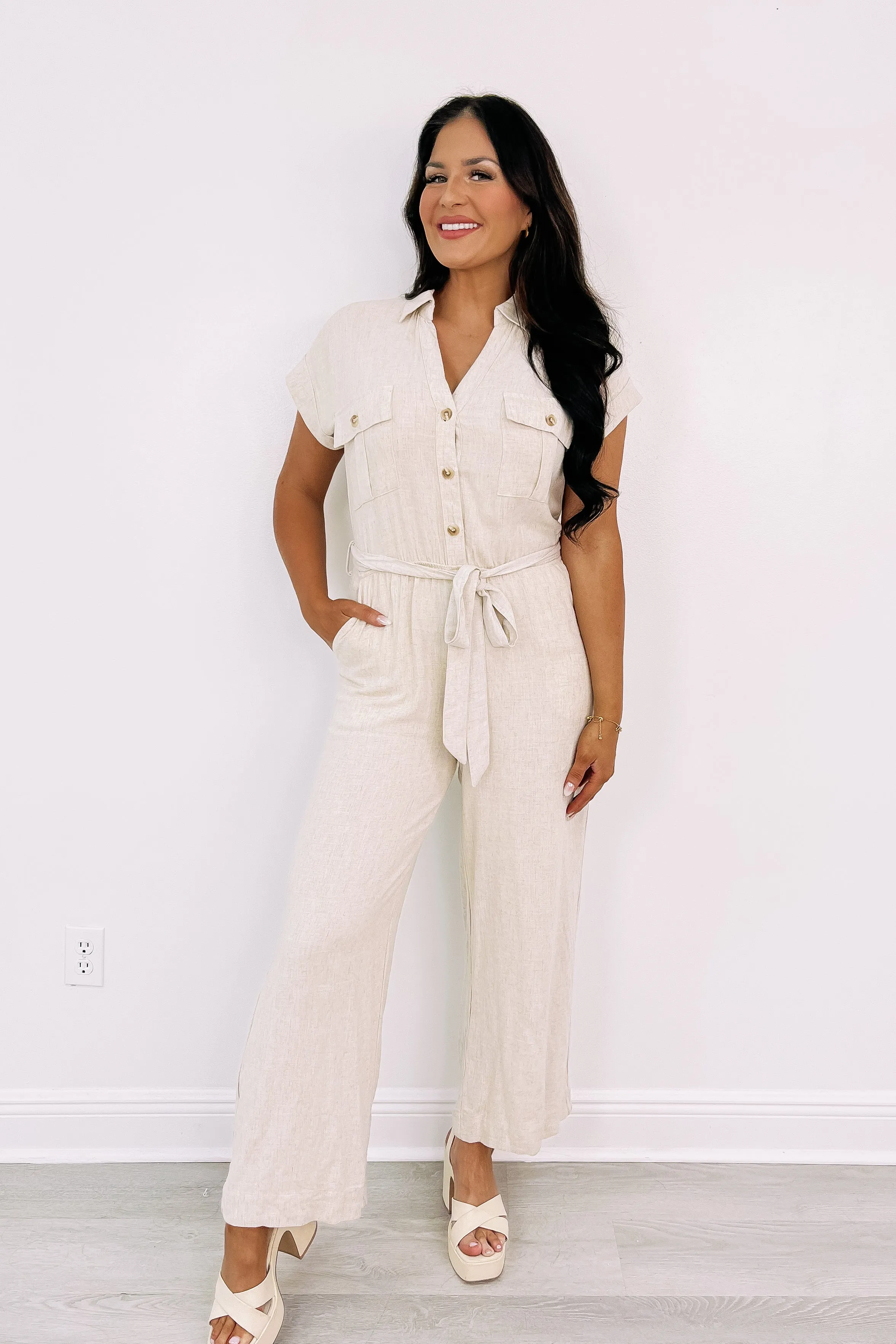 Take Me To St. Lucia Linen Jumpsuit sold by Bella Rose boutique