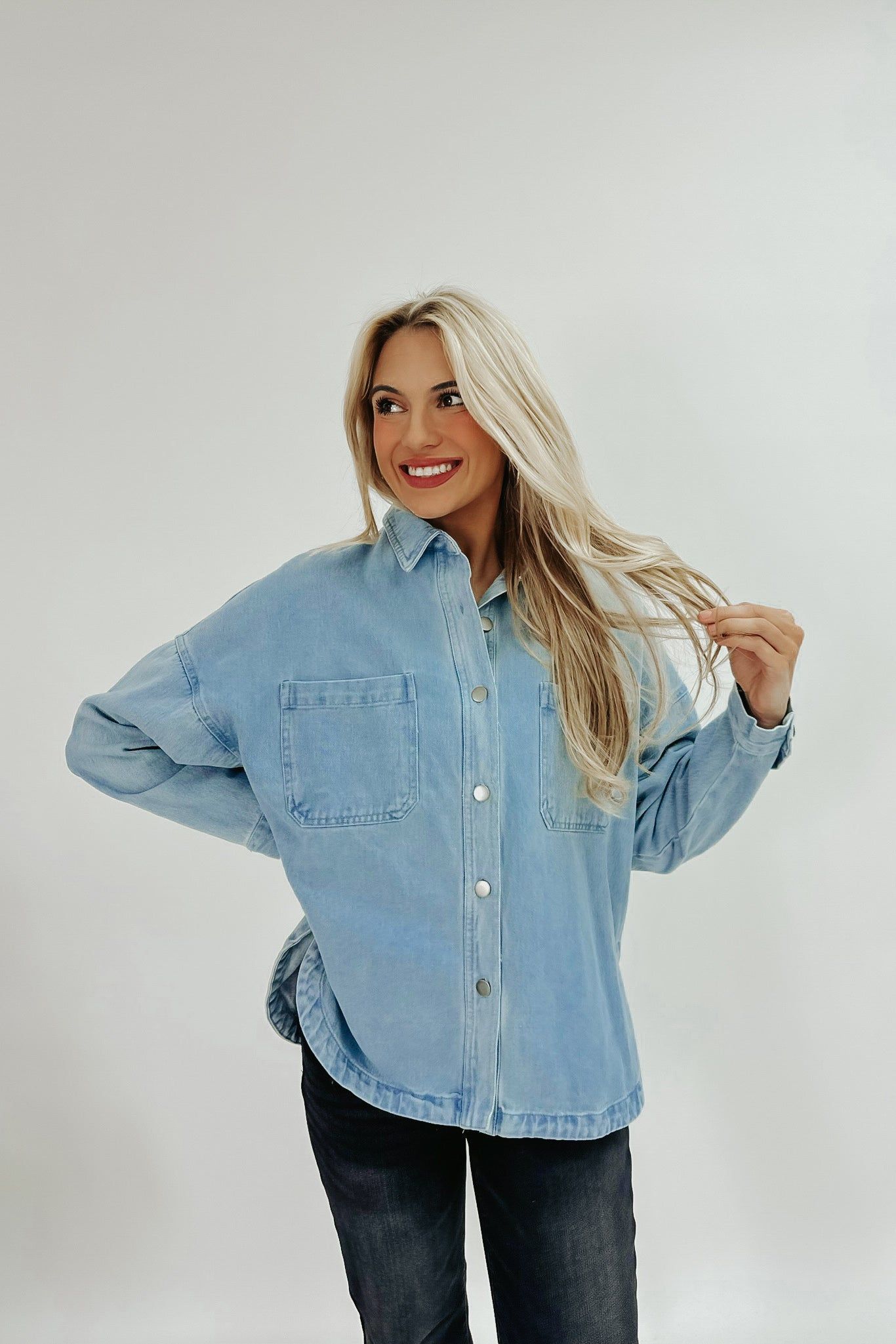 Down Country Roads Denim Shacket sold by Bella Rose boutique