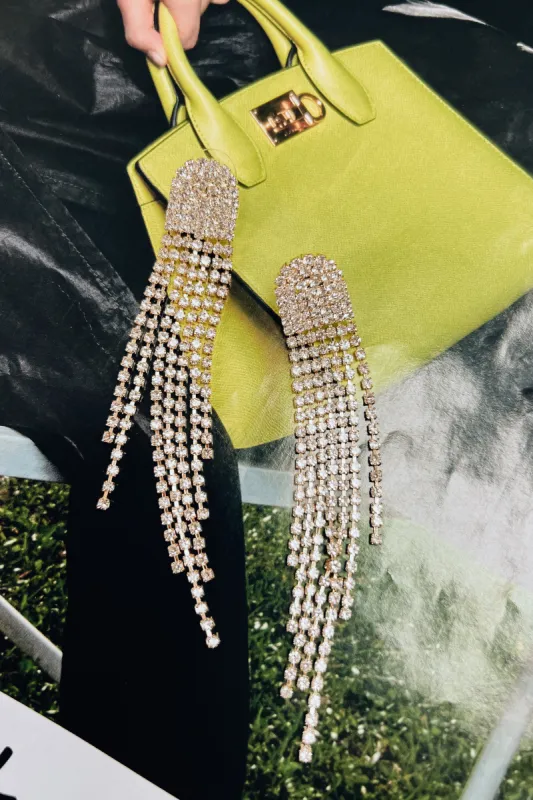 Half Moon Rhinestone Fringe Drop Earrings sold by Bella Rose boutique