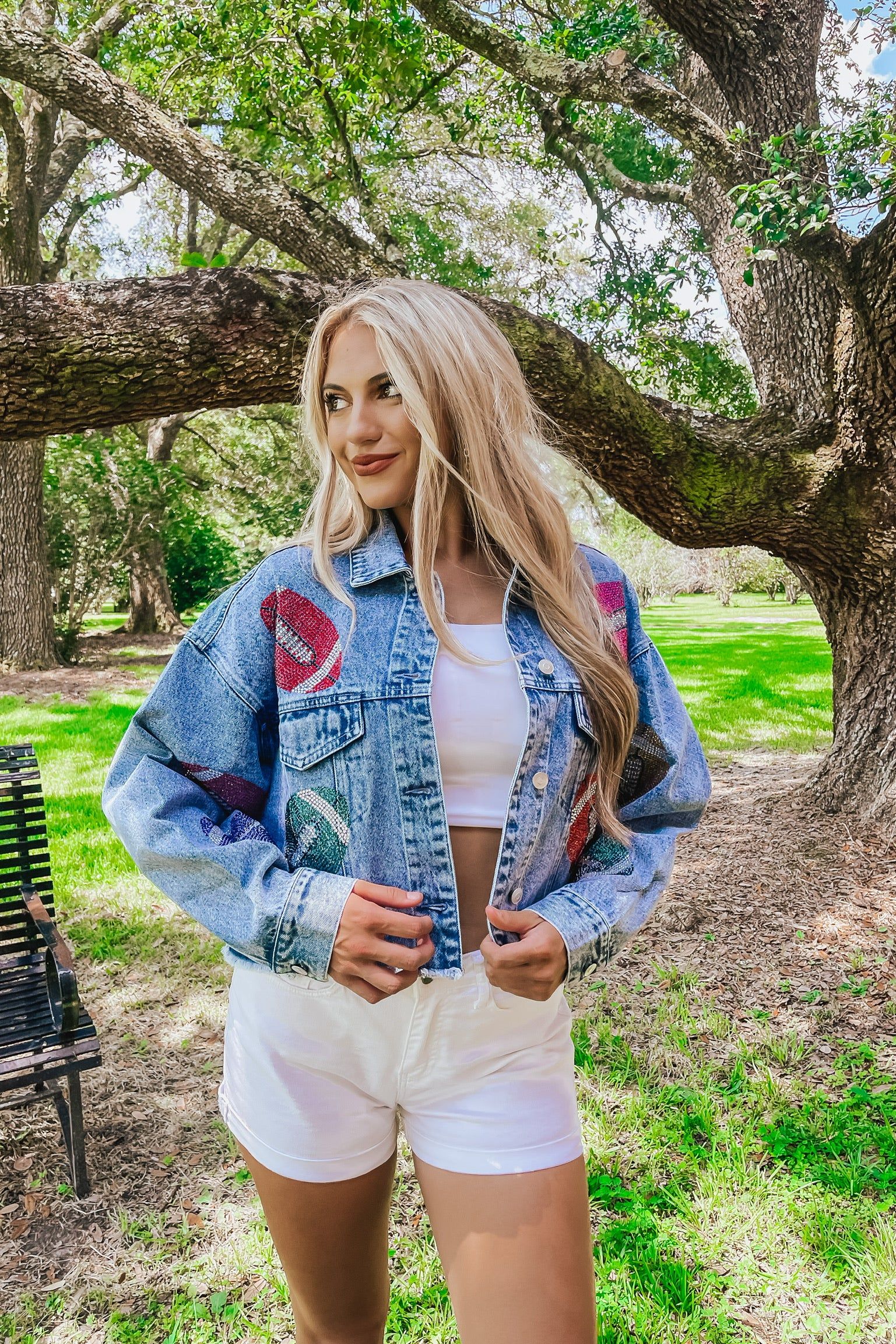 Under The Lights Rhinestone Denim Jacket sold by Bella Rose boutique