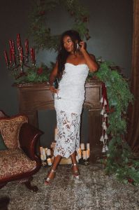 Sweet Romance Strapless Midi Dress sold by Bella Rose boutique