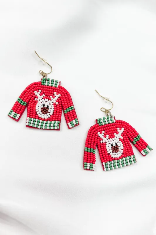 Rudolph Sweater Seed Bead Drop Earrings sold by Bella Rose boutique