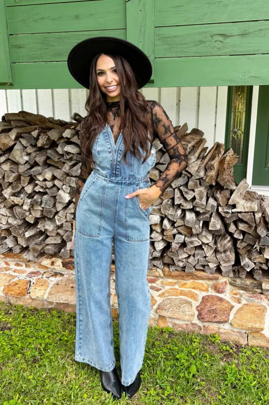 Playful Impression Denim Overall Jumpsuit sold by Bella Rose boutique