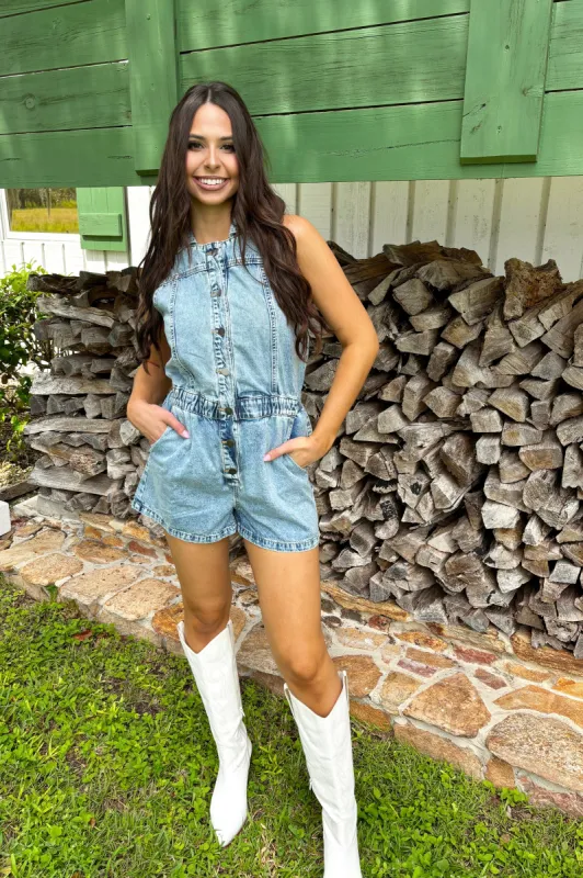 Always Remarkable Denim Romper sold by Bella Rose boutique