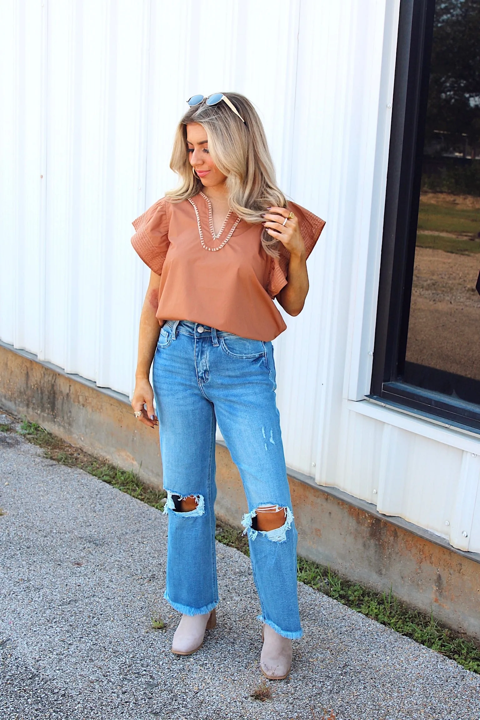 Harvest Festival Ruffled Top sold by Bella Rose boutique