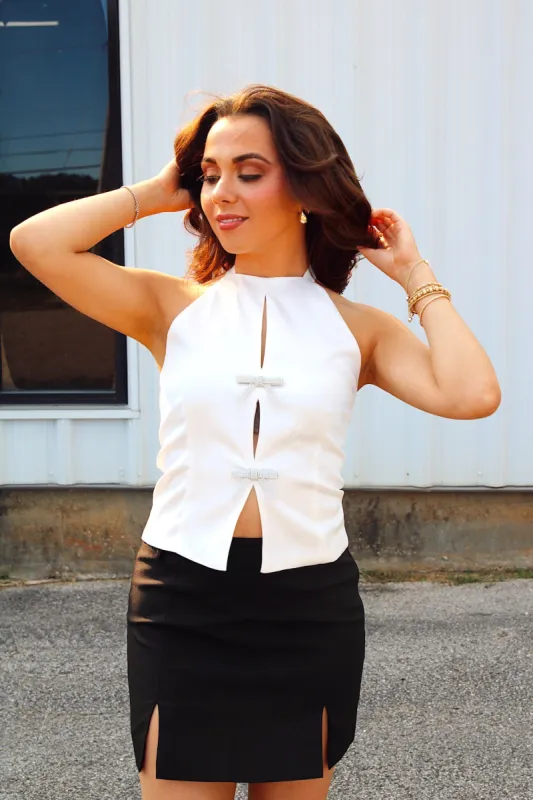 Making the Cut Satin Halter Top sold by Bella Rose boutique