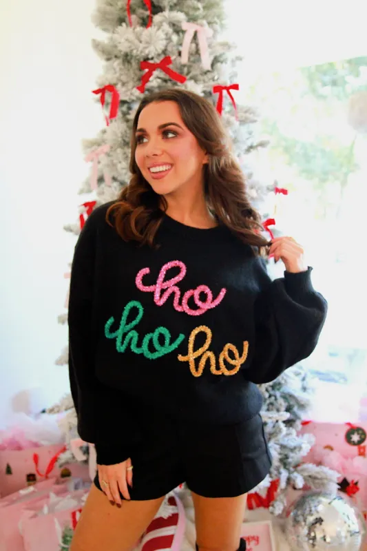 "HO HO HO" Tinsel Sweater sold by Bella Rose boutique