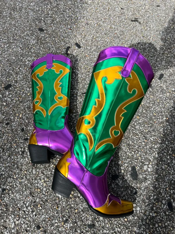 Mardi Gras Krewe Cowboy Boots sold by Bella Rose boutique