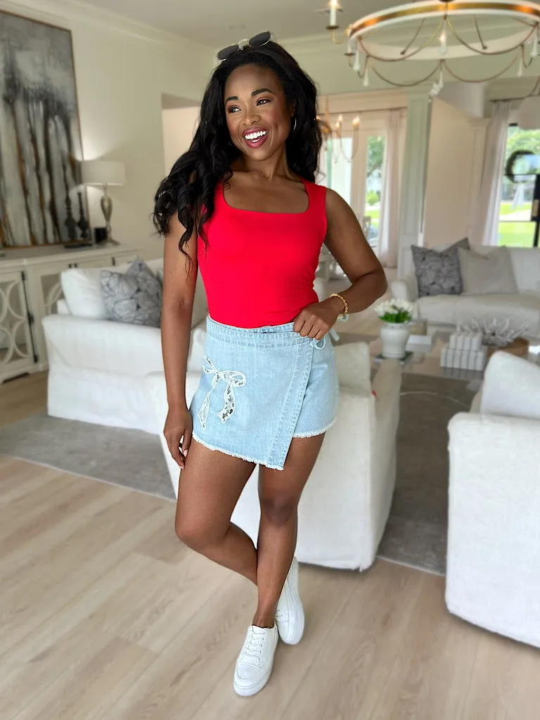 Casual Charm Denim Skort sold by Bella Rose boutique