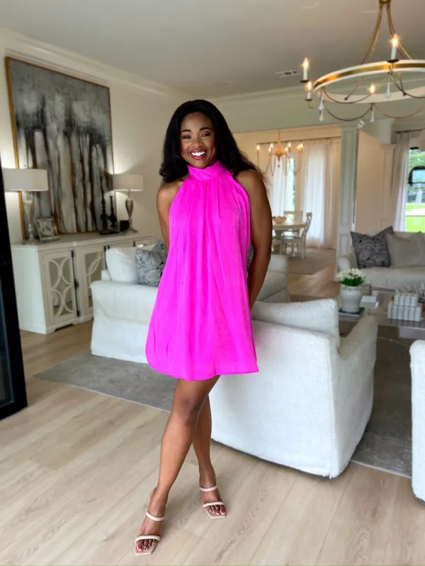 Glowing Presence Satin Halter Mini Dress sold by Bella Rose boutique