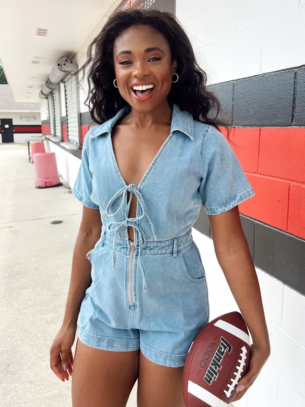 Day By Day Denim Romper sold by Bella Rose boutique