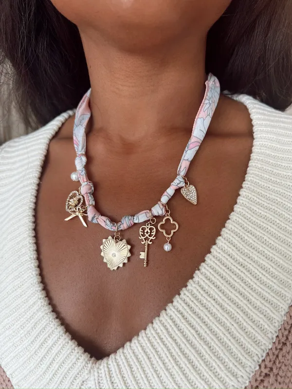 Floral Scarf Necklace With Key Charms sold by Bella Rose boutique