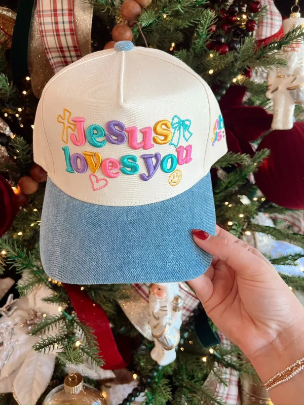 Jesus Loves You Denim Trucker Hat sold by Bella Rose boutique