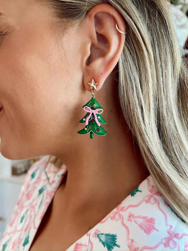 Pink Ribbon Christmas Tree Drop Earrings sold by Bella Rose boutique