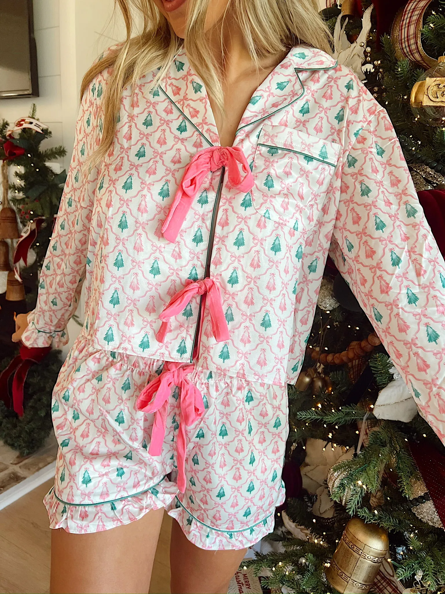 Christmas Tree Satin Two-Piece Set sold by Bella Rose boutique product image thumbnail 2
