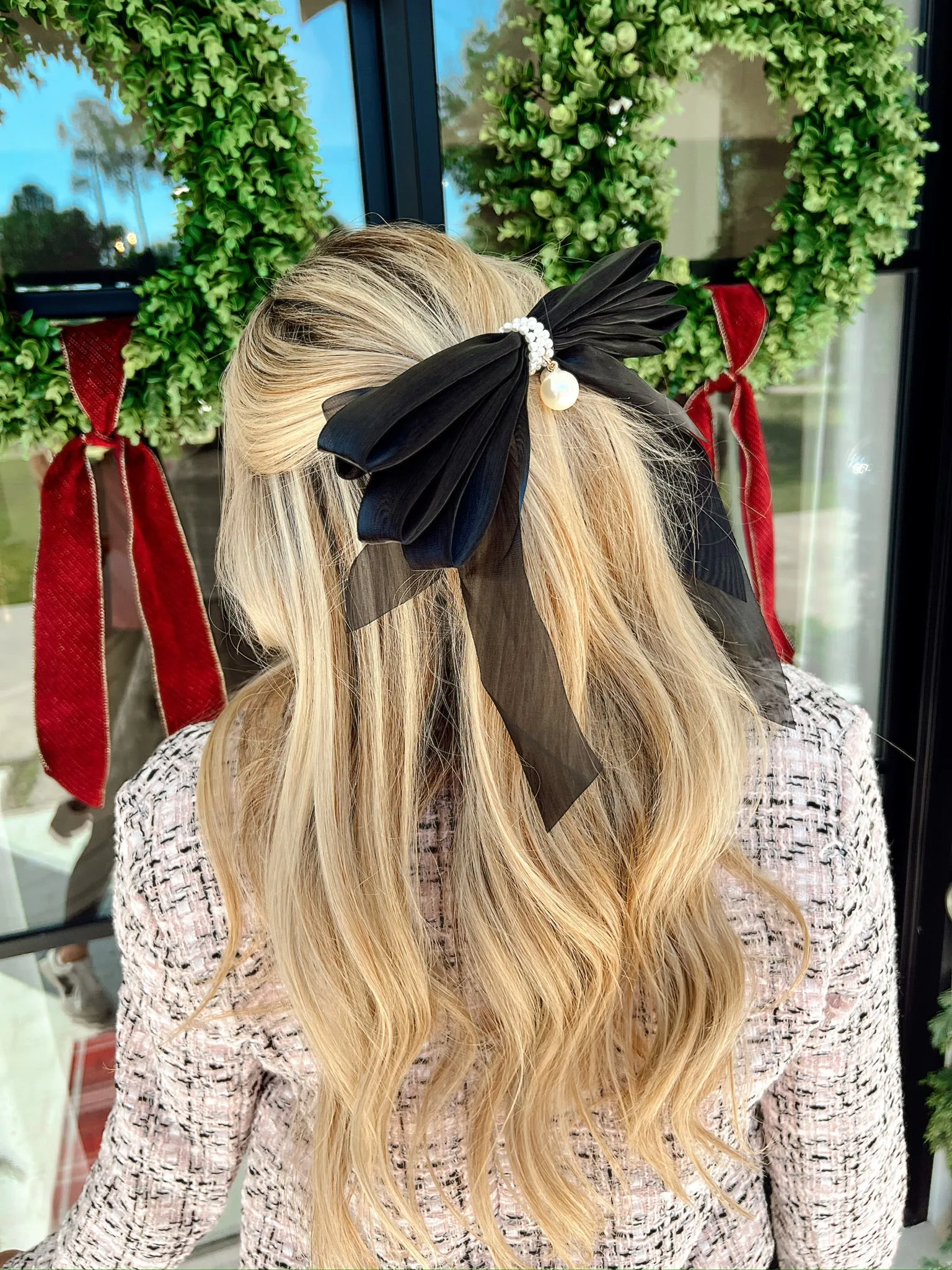 Tulle Hair Ribbon Clip With Pearl Embellishment sold by Bella Rose boutique