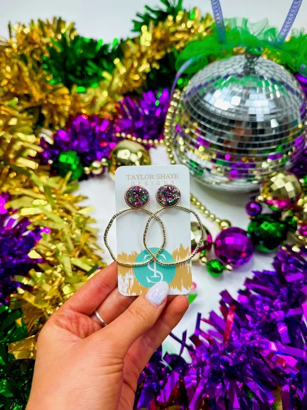 Mardi Gras Mix Glitter Round Top Hoops made by Bella Rose boutique