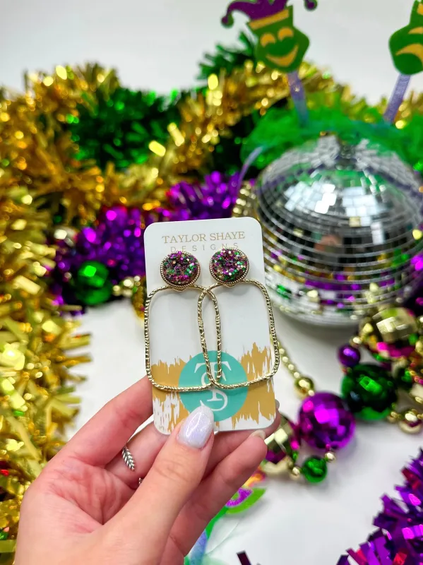 Mardi Gras Mix Glitter Rectangle Top Hoops made by Bella Rose boutique