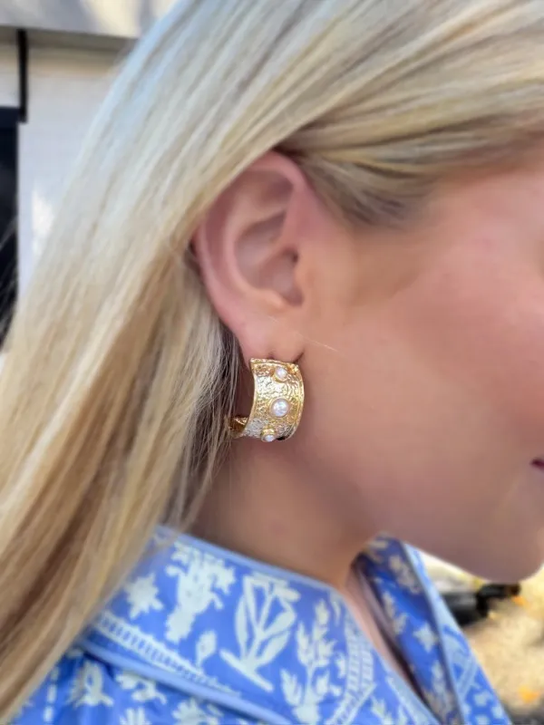 Triple Pearl Hammered Hoop Earring sold by Bella Rose boutique