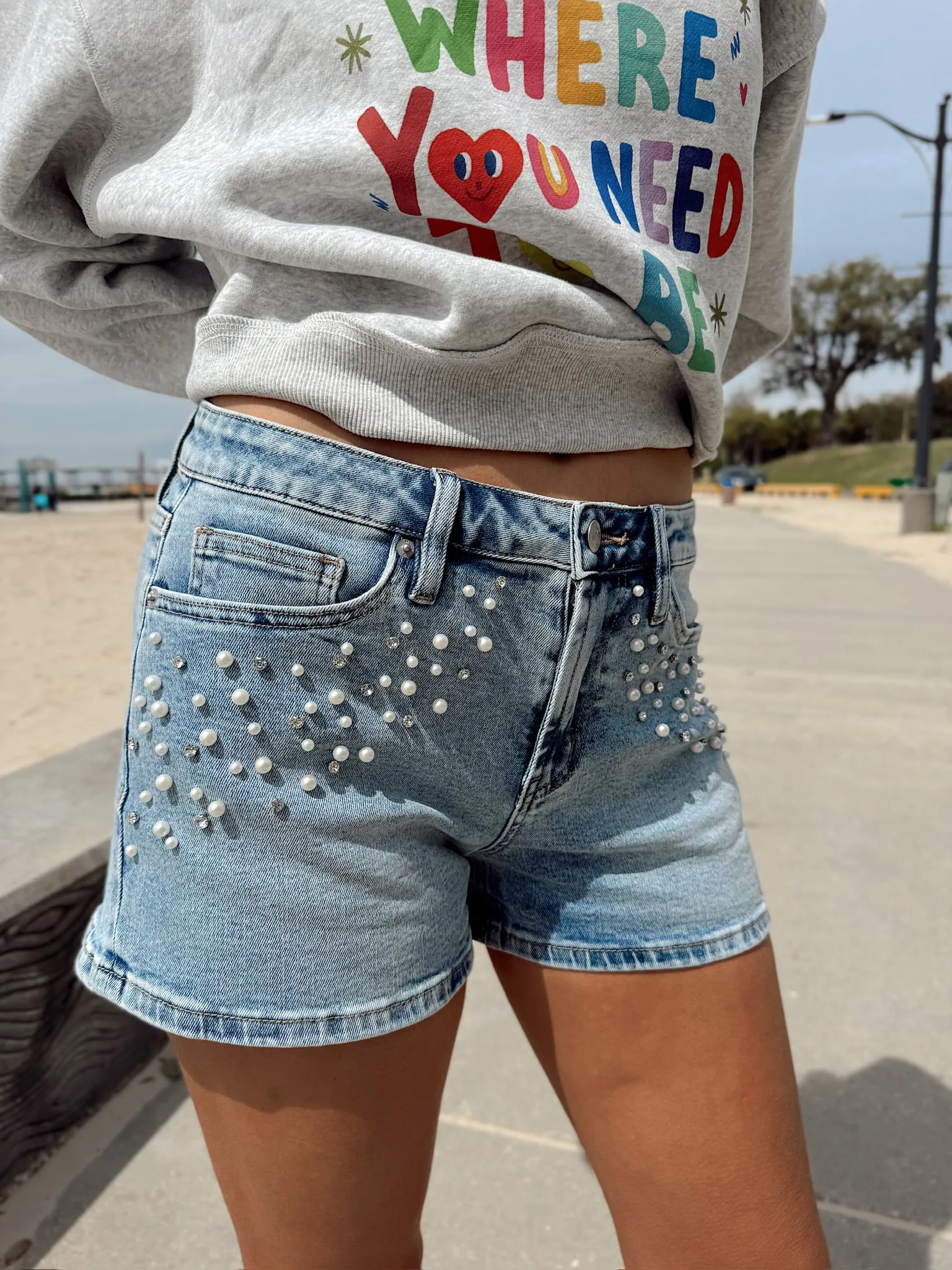 Daisy Embellished Denim Shorts sold by Bella Rose boutique
