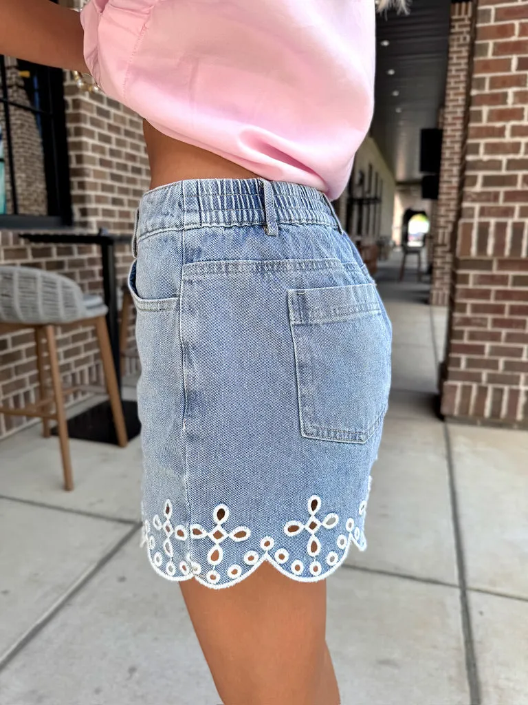 Mallory Eyelet Embroidered Denim Shorts sold by Bella Rose boutique product image thumbnail 4
