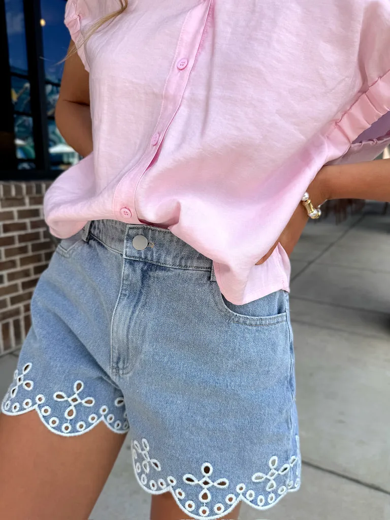 Mallory Eyelet Embroidered Denim Shorts sold by Bella Rose boutique