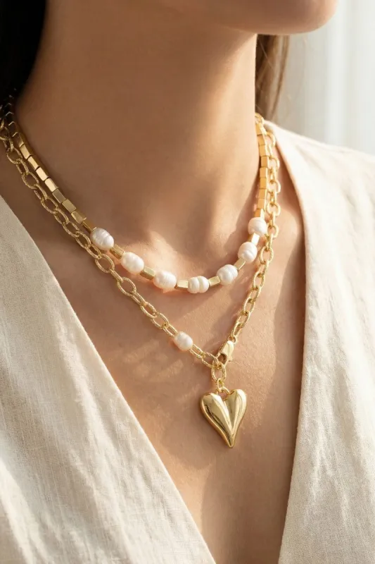 Heart And Pearl Chain Layered Necklace made by Fame Accessories