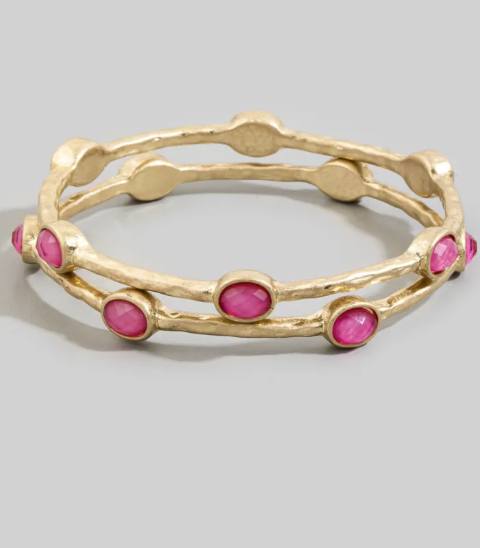 Oval Stone Station Hammered Bangle Set made by Fame