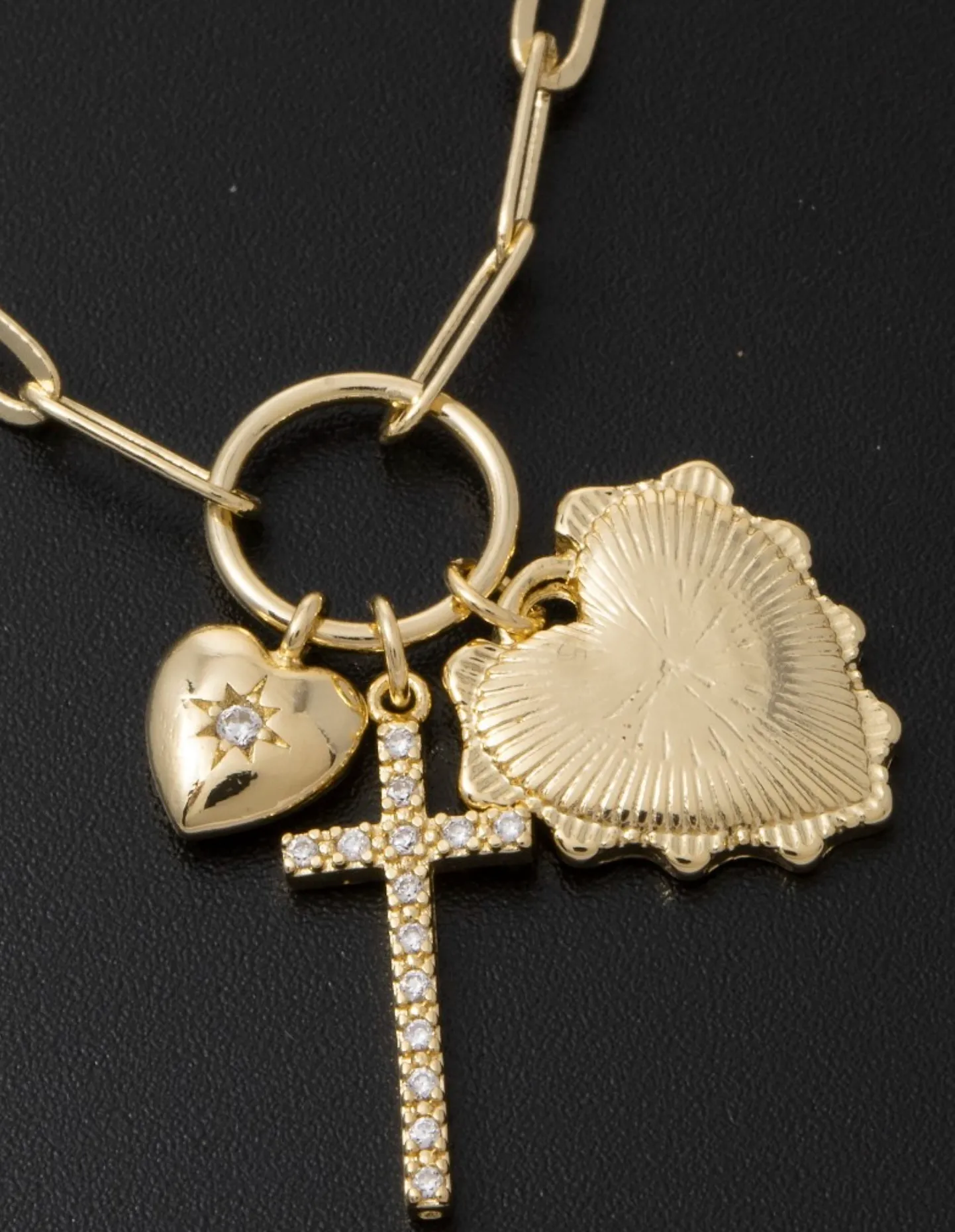 Multi-Charm Heart & Cross Paperclip Chain Necklace sold by Bella Rose boutique