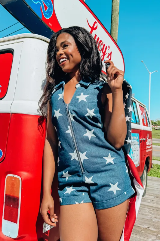 Playing With The Stars Denim Romper (LAST ONE - SIZE SMALL) sold by Bella Rose boutique