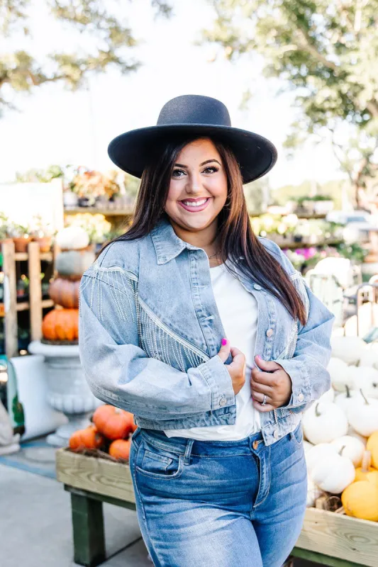 CURVY: Ease Your Heartbreak Embellished Denim Jacket sold by Bella Rose boutique