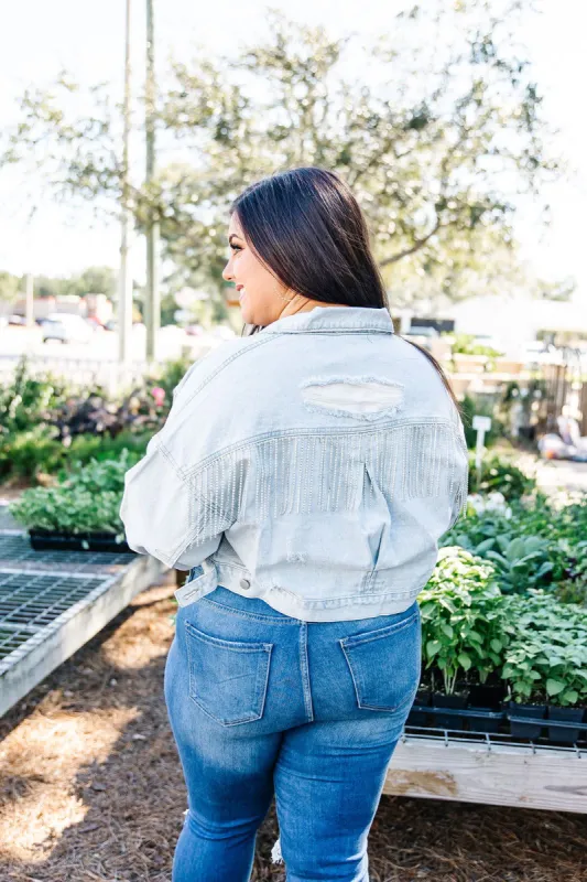 CURVY: The Shimmer In Your Eyes Embellished Denim Jacket sold by Bella Rose boutique