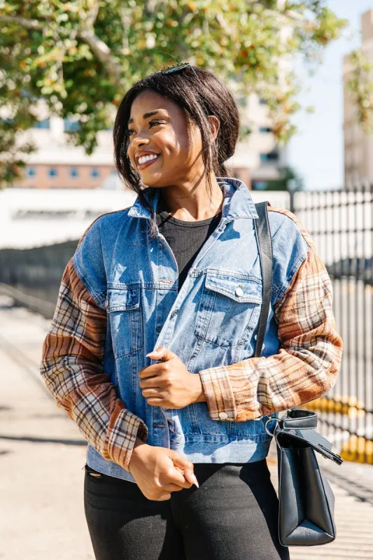 Infinitely Cozy Color Block Denim Jacket (LAST ONE - SIZE MEDIUM) sold by Bella Rose boutique