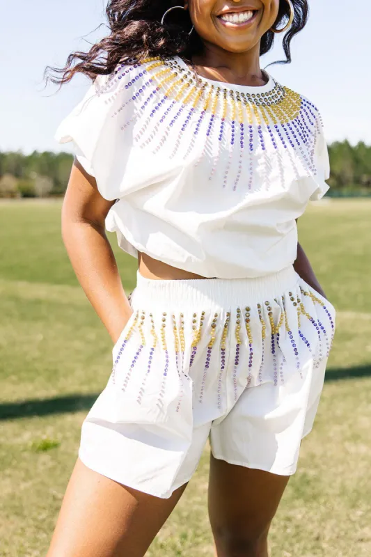 QUEEN OF SPARKLES: LSU Sparks Embellished Shorts sold by Bella Rose boutique