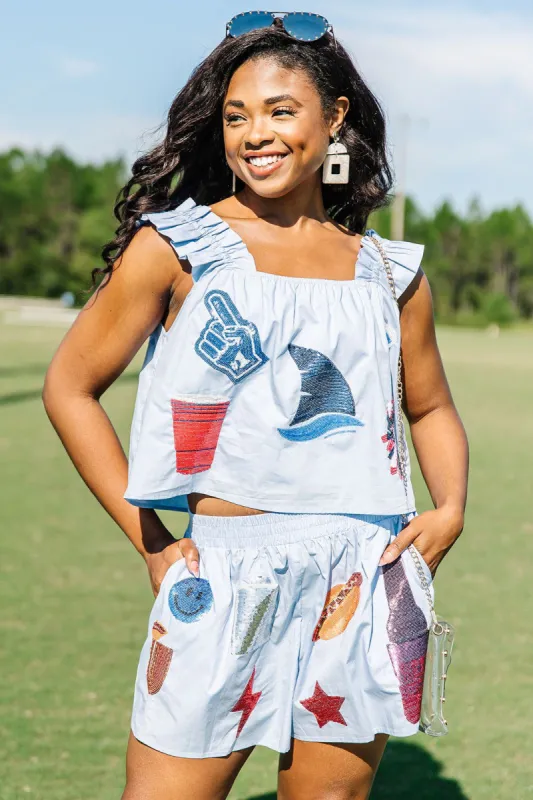 QUEEN OF SPARKLES: Game Day Necessities Embellished Shorts sold by Bella Rose boutique